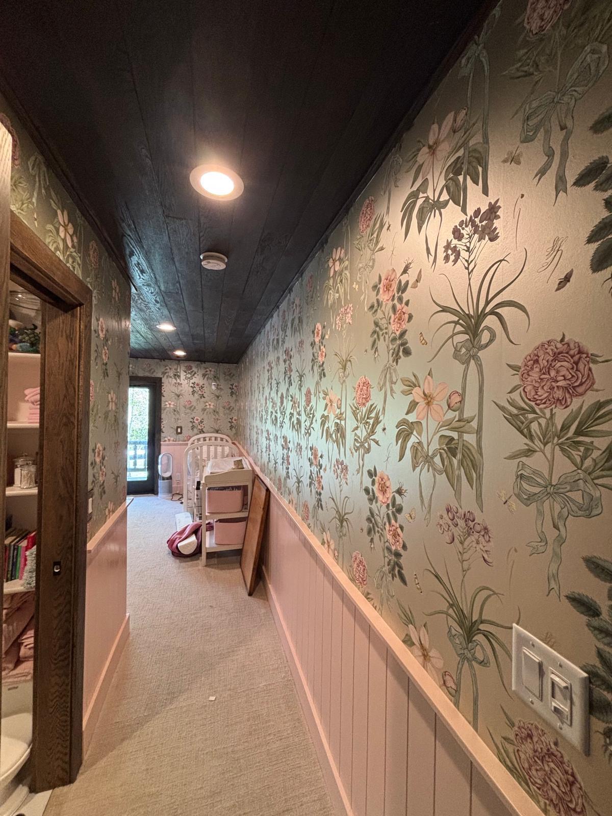 Floral wallpaper in a hallway